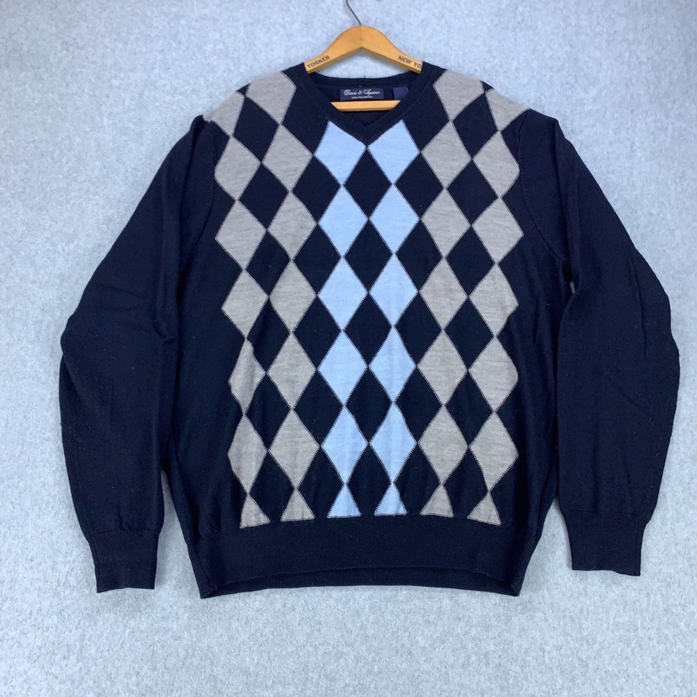 Davis & Squire Sweater Mens XL Navy Blue Argyle Extra Fine Merino Wool Old Money